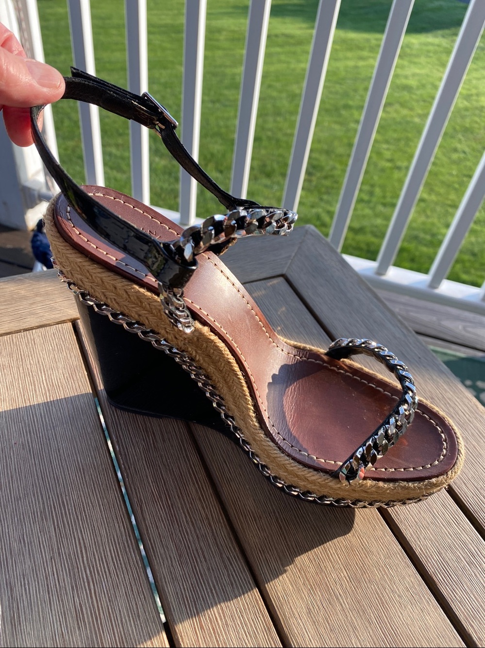Christian Louboutin Blk Patent l Espadrilles Wedge Sandals with chain detail